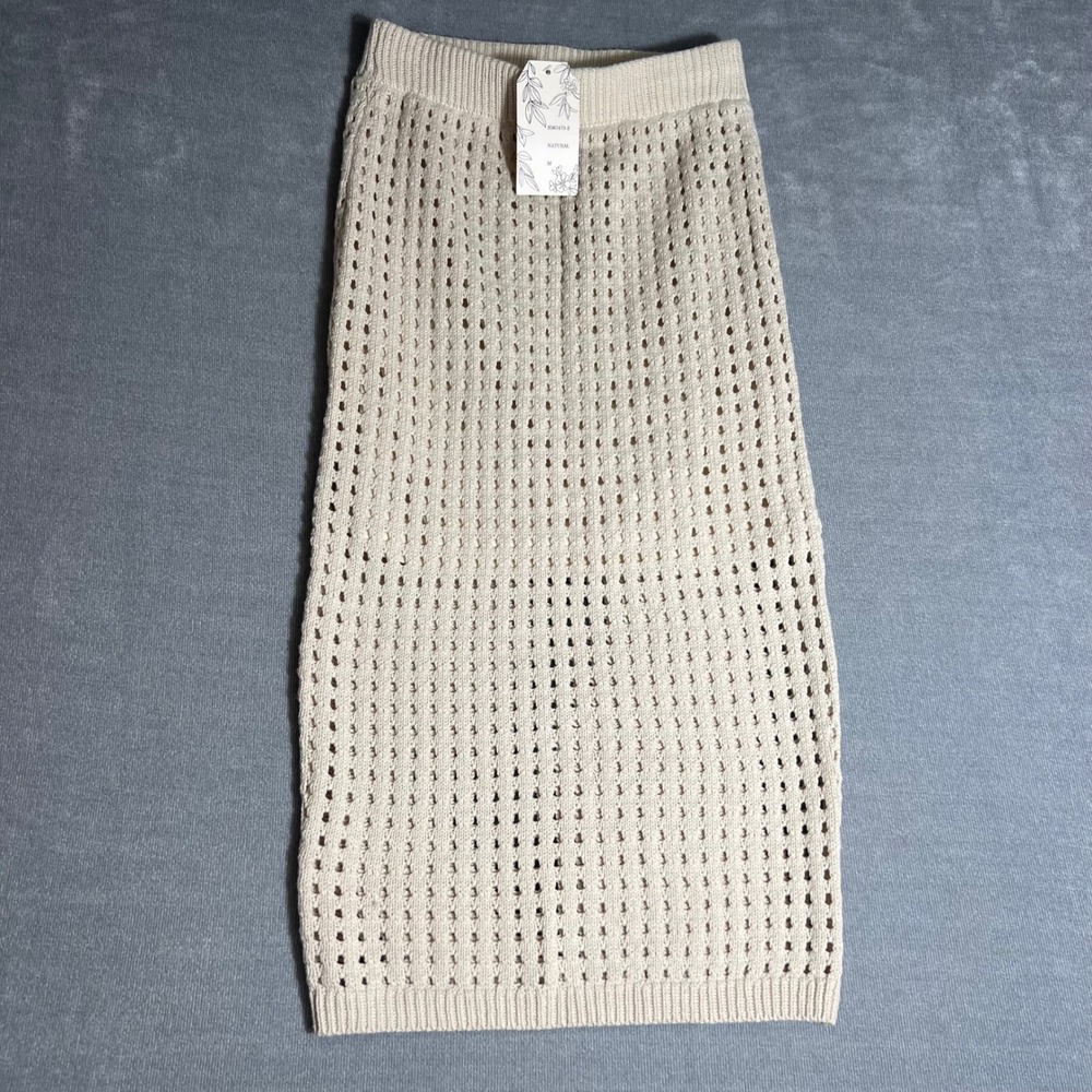 Willow & Wind Natural Crochet Knit Midi Skirt Cream‎ Pointelle Lined Medium NEW
